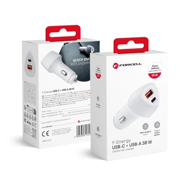 Ładowarka samochodowa Forcell Carbon 38W PD 3.0 + QC 3.0 USB-C i USB