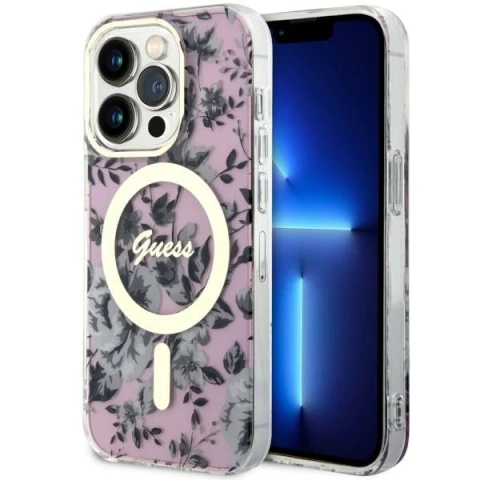 Guess GUHMP14LHCFWSP Handyhülle für Apple iPhone 14 Pro 6.1" pink/pink Hardcase Flower MagSafe