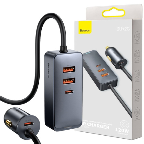 Baseus Share Autoladegerät mit 2x USB-Verlängerung, 2x USB-C 120W Grau