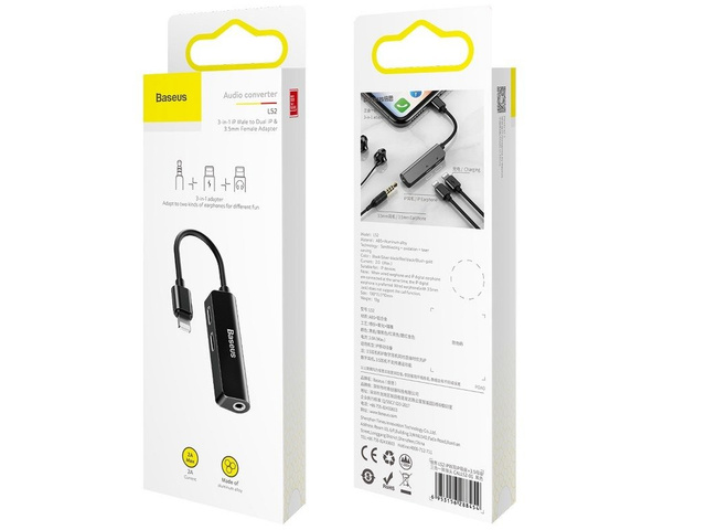 Adapter Audio Baseus L52 Lightning do Mini Jack 3.5mm i 2x Lightning (czarny)