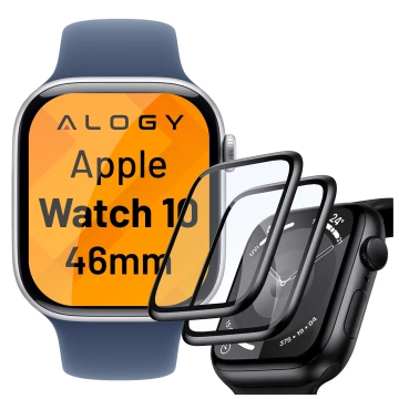 Hybridglas für Apple Watch 10 46 mm Alogy 3D-Glas mit schwarzem Rahmen
