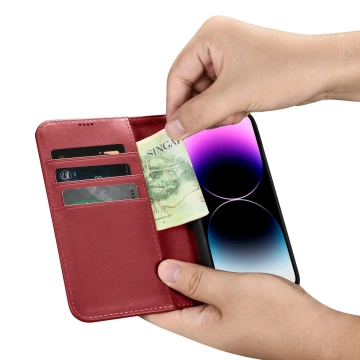 iCarer Wallet Case 2in1 für iPhone 14 Pro Max Leder Flip Cover Anti-RFID Rot