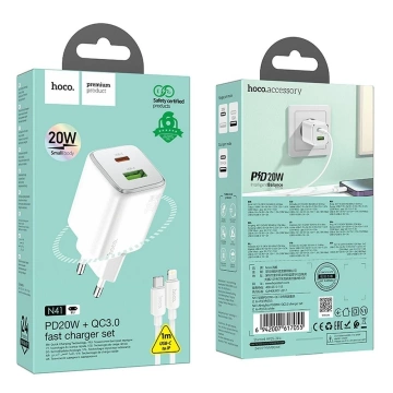 Hoco N41 GaN Ladegerät 20W USB-C USB-A USB-C Lightning Kabel Weiß