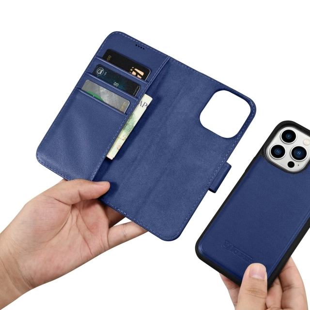 Etui na telefon iCarerWallet Case 2in1 do iPhone 14 Pro Max skórzany pokrowiec z klapką Anti-RFID