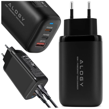 Alogy GaNCharge Kompaktes 3-in-1-Wandladegerät, schnelles Laden, GaN3, 65 W, USB-A, 30 W, 2 x USB-C, 65 W, Schwarz
