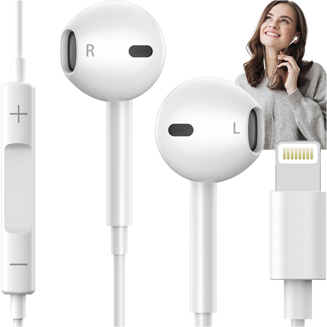 Słuchawki douszne przewodowe Lightning do iPhone 14/13/12/11/PRO/MAX/XS/XR/X/SE z mikrofonem EarPhones Białe