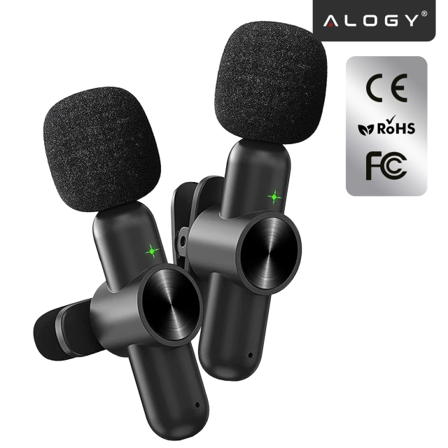 Mikrofon Bezprzewodowy 2x Zestaw - Lightning do iPhone, redukcja szumu, lekka konstrukcja, zasięg do 20 metrów - 2x Mikrofon Krawatowy z Futerkową Osłoną, Odbiornik do telefonu - Alogy DualVoice™ Czarny