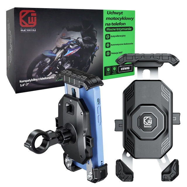 Uchwyt Motocyklowy na Telefon Kewig do Kierownicy i Lusterka, Antywstrząsowy z Systemem Antywibracyjnym, Rotacja 360°, Kompatybilny z Telefonami 5.4–7" – Czarny