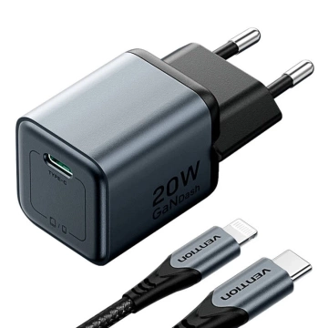GaN Vention USB-C-Ladegerät 20 W USB-C-auf-Lightning-Kabel 1 m Grau