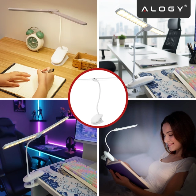 Lampka biurkowa nocna LED – akumulator 4000 mAh, podwójne oświetlenie, elastyczne ramię, klips z regulacją, idealna do biurka i łóżka – Alogy SmartClip™ Light Biała