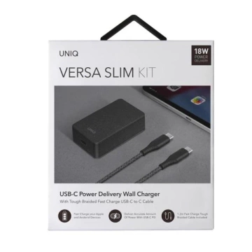 UNIQ Wandladegerät Versa Slim USB-C PD 18W USB-C zu USB-C Kabel schwarz/kohleschwarz (LITHOS Collective)