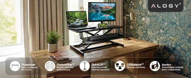 Biurko podstawka do pracy stojącej na biurko z podnoszeniem pneumatycznym 60×80 cm – regulacja wysokości 11–51 cm, dwupoziomowe, składane, idealne do Home Office – Alogy LiftDesk™ Czarne