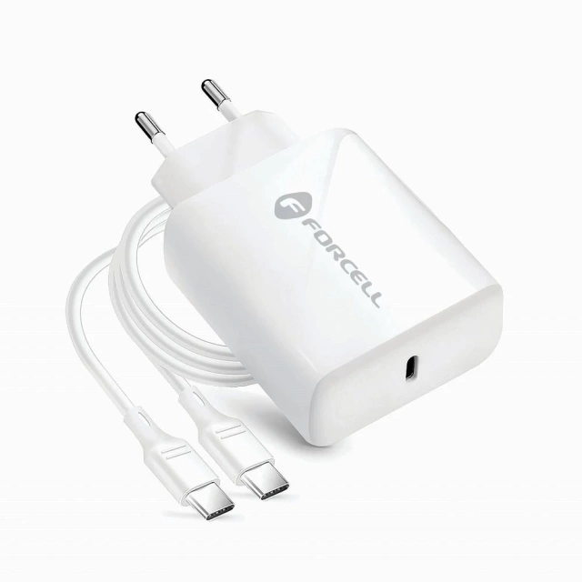 Szybka Ładowarka Forcell 25W PD QC 4.0 USB-C + kabel USB C do USB C biała