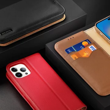Dux Ducis Hivo Leather Flip Cover Echtes Leder Wallet für Karten und Dokumente iPhone 14 Pro Rot