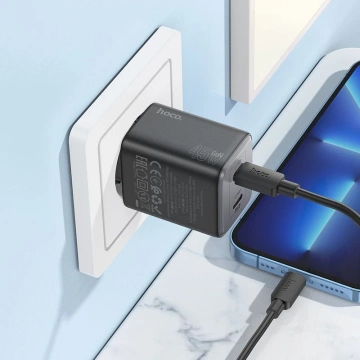 HOCO Wandladegerät 2 x Typ-C-Kabel Typ C zu Lightning PD QC 45W GaN Schwarz