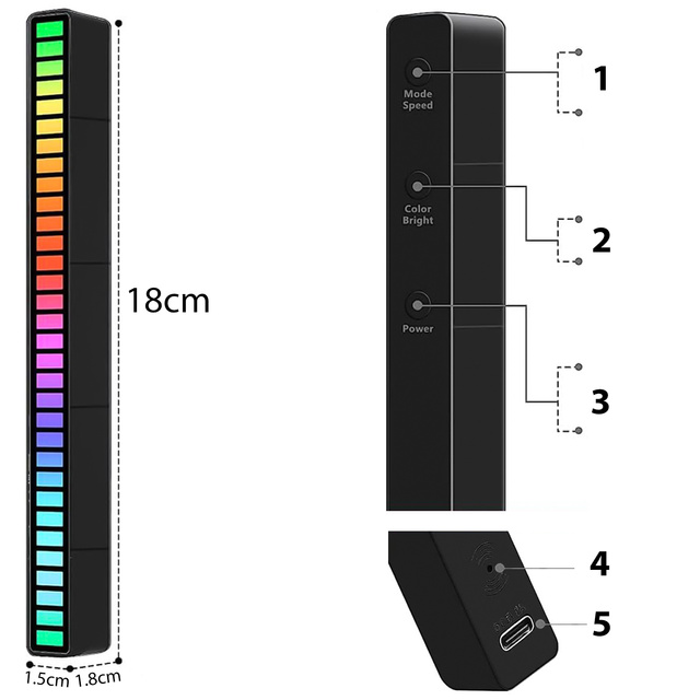 Lampa LED RGB Lampka USB migająca w rytm muzyki Listwa Smart Bar 18cm kolorowa 32bit Gaming Alogy Czarny