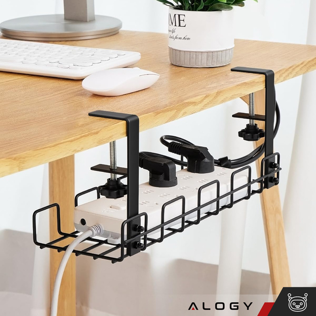 Organizer kabli uchwyt półka pod blat na kable listwy biurkowy podbiurkowy aluminiowy 38.5cm Alogy Czarny