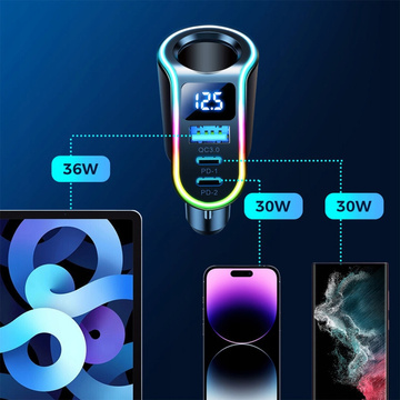 Ładowarka samochodowa USB QC 3.0 2x USB-C PD 150W rozdzielacz JoyRoom Car Charger 4w1 LED RGB czarna