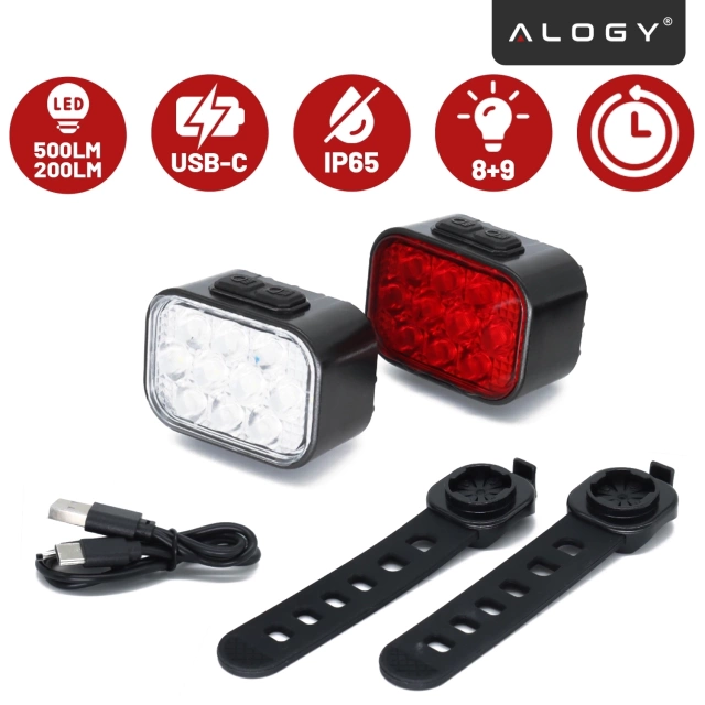Lampka rowerowa LED 500 LM 200 LM Alogy DuoRide™ Lights 20 LED Latarka na rower wodoodporne światło światełko na przód i tył przednia tylna 2 zestaw