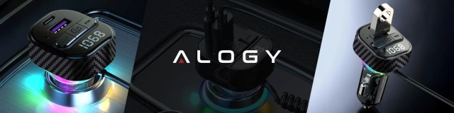 Transmiter FM Bluetooth 5.3 z Ładowarką Samochodową PD 30W QC3.0, Kabel Sprężynowy USB-C, Obsługa Pendrive, Podświetlenie LED 7 Barw – Alogy CarTune™ Czarny