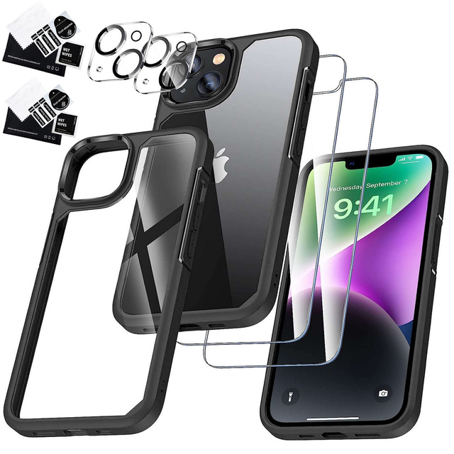 Hülle für iPhone 14 Plus 4er-Set Brille 5in1 gepanzert 360 Alogy Hybrid 2x Bildschirmglas 2x Linse schwarz-transparent