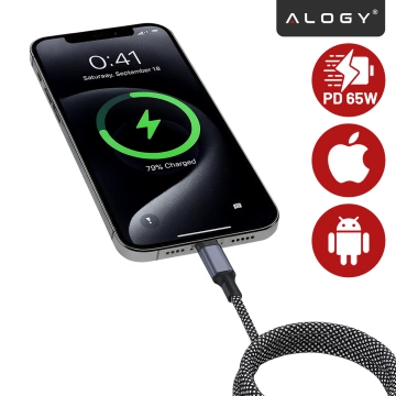 Kabel Zasilający USB-C do USB-C 65W 1m, Szybkie Ładowanie PD, Magnetyczny, Trwały i Elastyczny Przewód Kompatybilny z iPhone, MacBook i Android, Alogy MagiCharge™ – Czarny  + Ładowarka Sieciowa 3w1 65W