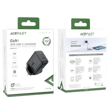 Acefast ładowarka sieciowa GaN (wtyczka UK) USB Typ C 30W, Power Delivery, PPS, Q3 3.0, AFC, FCP czarny (A24 UK black)