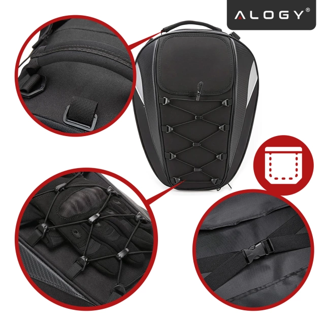 Plecak torba motocyklowa wodoodporna 40L – 5w1 – kufer, podsiodłowa, bagażnikowa, na kask, z pokrowcem, Nylon, torba miejska na motocykl – Alogy RoadMaster™ Czarna
