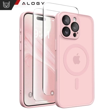 3-in-1 Hybrid-Glashüllen-Set für Apple iPhone 16 Pro: Schutzhülle mit Hybrid-MagSafe-Funktion und Linsenschutz, 2x Displayschutzfolie aus gehärtetem Glas, Alogy 3-in-1-Hüllen-Set, Pink