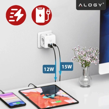 Netzwerk Splitter Splitter Ladegerät Adapter Dieb 3 Steckdosen EU 3x USB USB-C C 7in1 Alogy Weiß