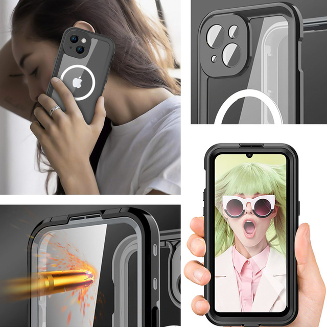 Etui do iPhone 15 Plus wodoodporne Mag Safe Case pancerne wodoszczelne obudowa czarno-szare