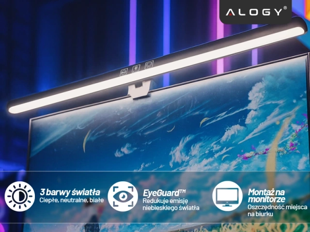 Lampka LED na monitor na szerokie biurko – regulowana barwa i jasność, dotykowe sterowanie, szeroki strumień światła, antyodblaskowa konstrukcja – Alogy ProView™