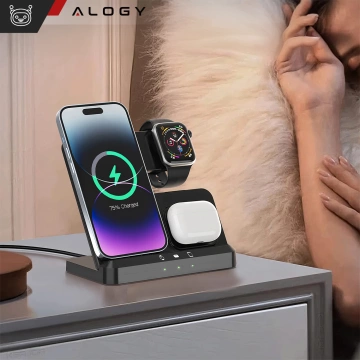Kabelloses induktives Ladegerät Qi QC 3.0 3in1 Fast für Apple iPhone Airpods Watch Ladestation 15W schwarz