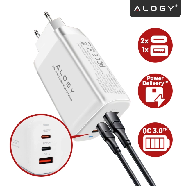 Ładowarka Sieciowa 3w1 z Technologią GaN3 65W, Szybkie Ładowanie PD i QC, Porty 2x USB-C 65W + USB-A 30W, Kompaktowa i Wydajna, Alogy GaNCharge Compact™ – Biała