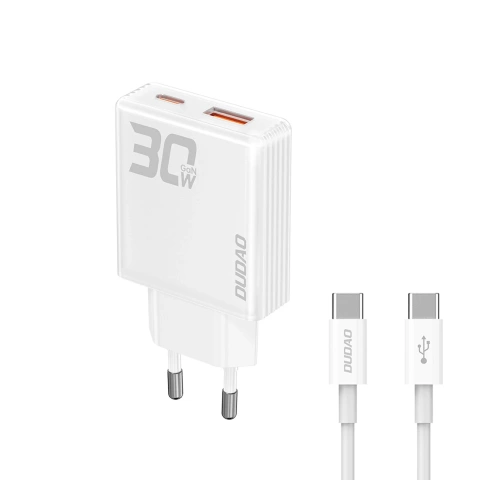 Ładowarka sieciowa GaN Dudao A30EUT 30W USB-A / USB-C + kabel USB-C - USB-C - Biała