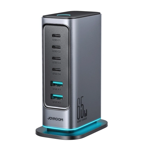Wieloportowa ładowarka Joyroom 65W GaN, 4x USB-C, 2x USB-A, ciemnoszara