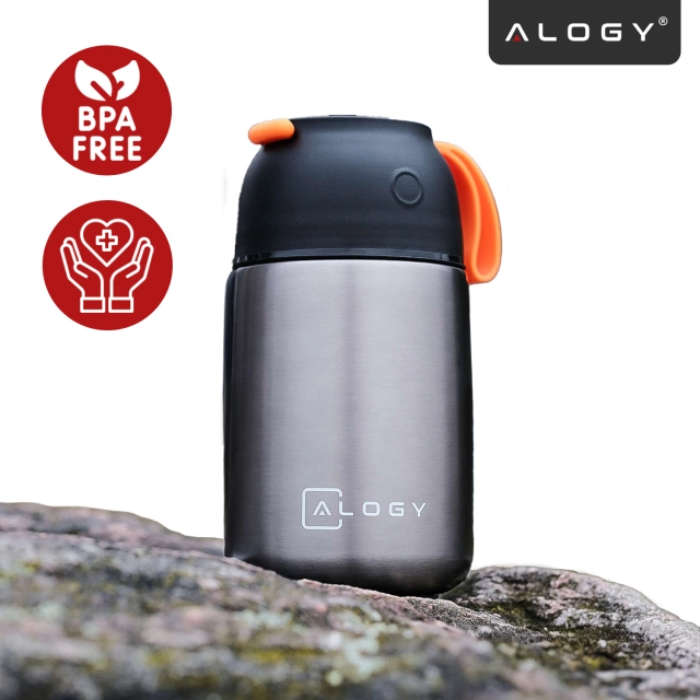 Termos pojemnik obiadowy na jedzenie żywność zupę lód dla dzieci 700ml Alogy ze stali nierdzewnej + składana łyżeczka termiczny szary