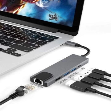 Ecobox Adapter Dex Typ-C HDMI + USB + RJ45 + Typ-C Srebrny