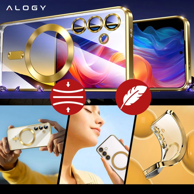 Etui do Samsung Galaxy S24 FE Alogy LuxeShield™️ Glamour Luxury Ring obudowa do MagSafe z osłoną aparatów Złote + szkło hartowane