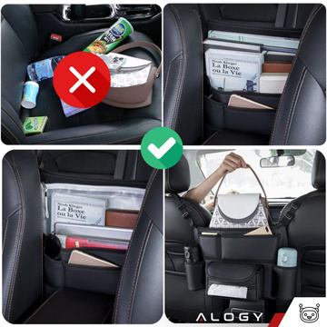 Auto-Organizer für das Auto zwischen Sitzen, Autositz, Alogy, Auto-Getränkehalter, Taschentücher, Schwarz, 2 x Kopfstützenhalter