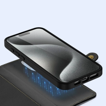 iPhone 15 Pro Dux Ducis Lawa Wallet Leder Mag Schwarze Hülle