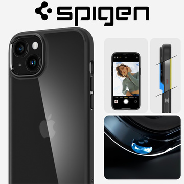Hülle für iPhone 15 Plus Spigen Ultra Hybrid Case, schwarze Rückseite, mattschwarzes Glas