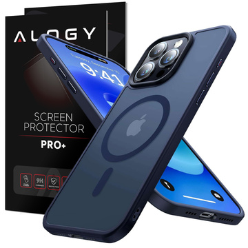 Hülle für iPhone 15 Pro MagSafe Matt Case Cover mattiert Alogy Ring gepanzerte Handyhülle Marineblaues Glas