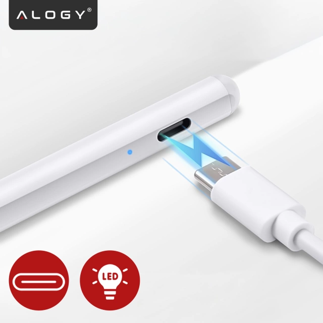 Rysik do Apple iPad Alogy Pencil z funkcją Palm Rejection Tilt Magnetyczny USB-C + zapasowa końcówka Biały