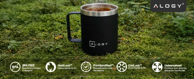 Kubek termiczny 420ml z uchwytem pokrywką na kawę herbatę stalowy zimne i ciepłe napoje Alogy Czarny