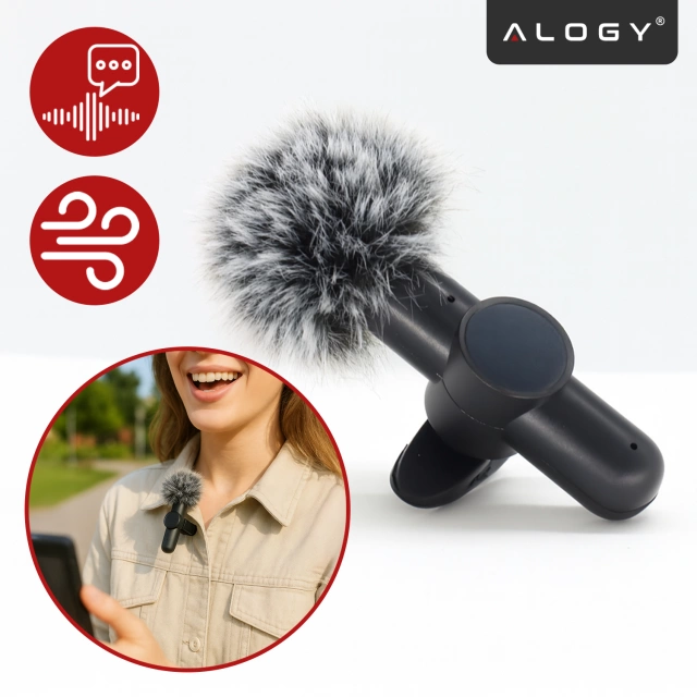 Mikrofon Bezprzewodowy 2x Zestaw - USB-C, redukcja szumu, lekka konstrukcja, zasięg do 20 metrów - 2x Mikrofon Krawatowy z Futerkową Osłoną, Odbiornik do telefonu - Alogy DualVoice™ Czarny
