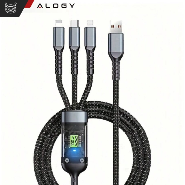 Kabel 120cm Alogy 3w1 Szybkie ładowanie Charging Cable 100W USB do USB-C + Micro + Lightning Czarny