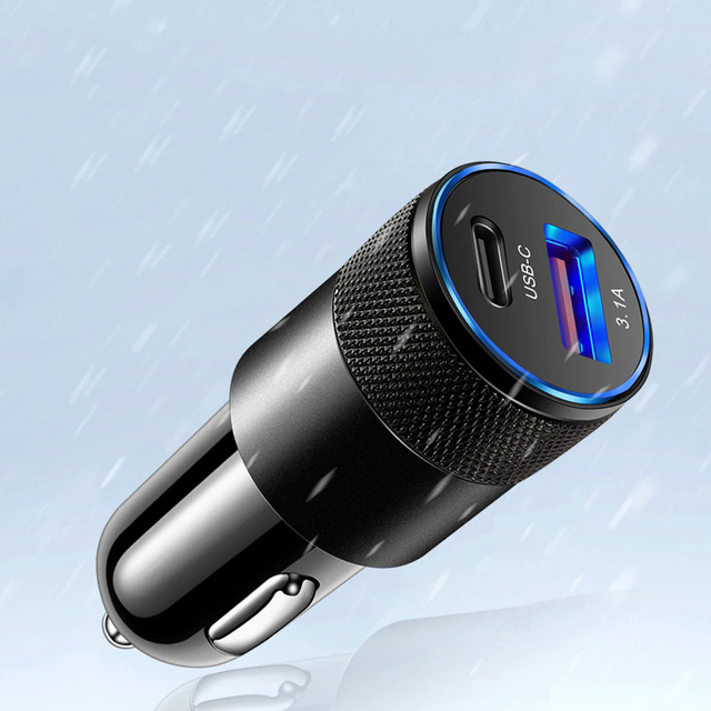 Ładowarka samochodowa Alogy do auta USB-C Type C + USB 3.1A Czarna + Kabel 1m USB-C do Lightning + Etui