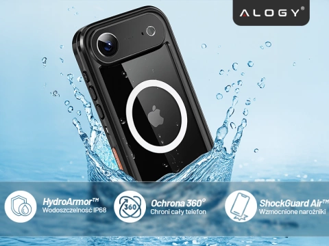 Alogy HydroArmor™ IP68 Schutzhülle für Apple iPhone 17 Air (6,6 Zoll), 360°-Rundumschutz mit transparenter Rückseite, MagSafe-kompatibel, Schwarz