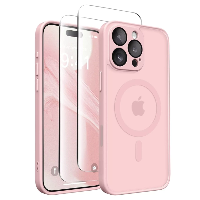 3w1 Zestaw Etui Hybrydowe + Szkło do Apple iPhone 16 Pro Max obudowa ochronna Hybrydowe MagSafe z ochroną obiektywu case + 2x Szkło hartowane ochronne na telefon Alogy 3in1 Case Pack Różowe
